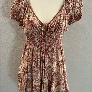 Angie Brown Floral Romper with Elastic Waist and Front Tie Sz L (10-12)